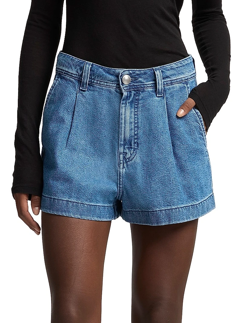 Pleated Lightweight Denim Shorts