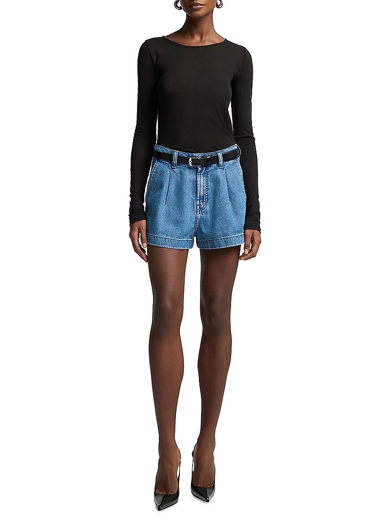 Pleated Lightweight Denim Shorts