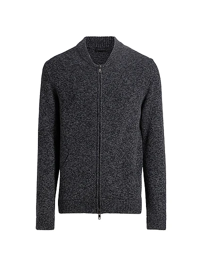 Melange Baseball-Collar Full-Zip Sweater