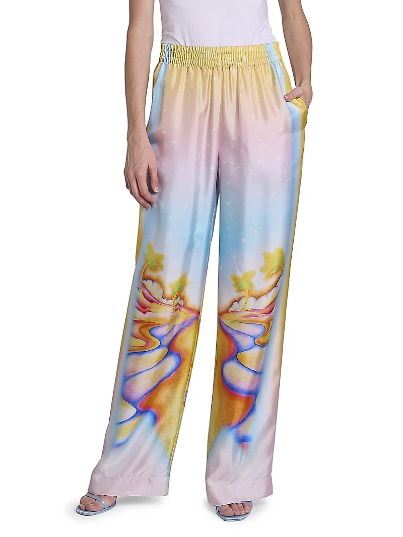 Airbrushed Silk Wide-Leg Trousers