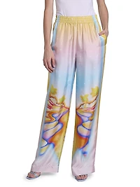Airbrushed Silk Wide-Leg Trousers