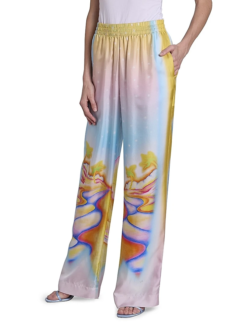 Airbrushed Silk Wide-Leg Trousers