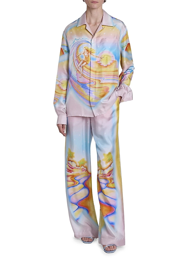 Airbrushed Silk Wide-Leg Trousers