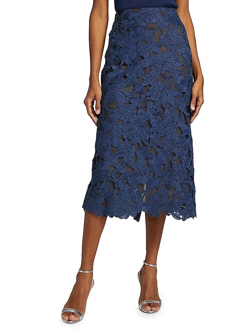 Cherry Blossom Guipure Lace Midi-Skirt