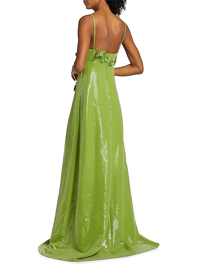 Sequined Floral Appliqué Jersey Gown