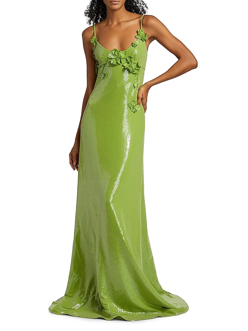 Sequined Floral Appliqué Jersey Gown