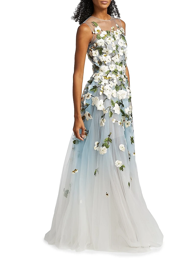 Ombré Cherry Blossom Illusion Tulle Gown
