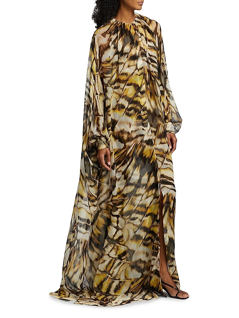 Abstract Butterfly Silk Chiffon Caftan Gown