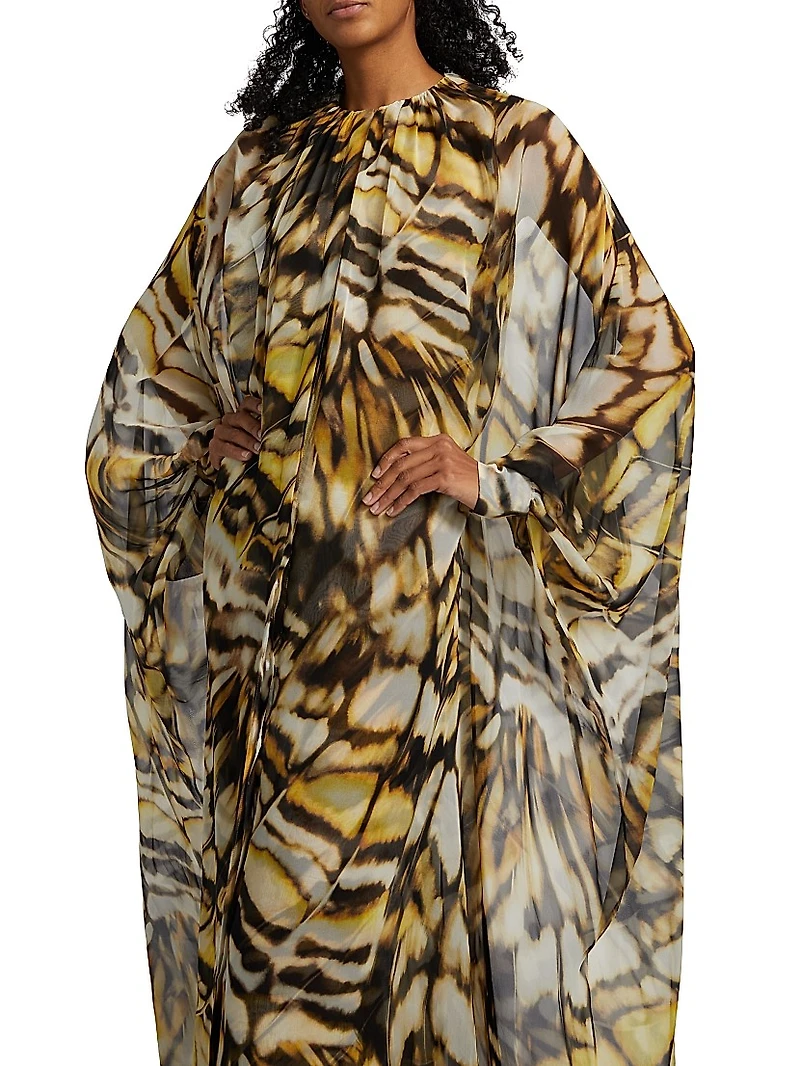 Abstract Butterfly Silk Chiffon Caftan Gown