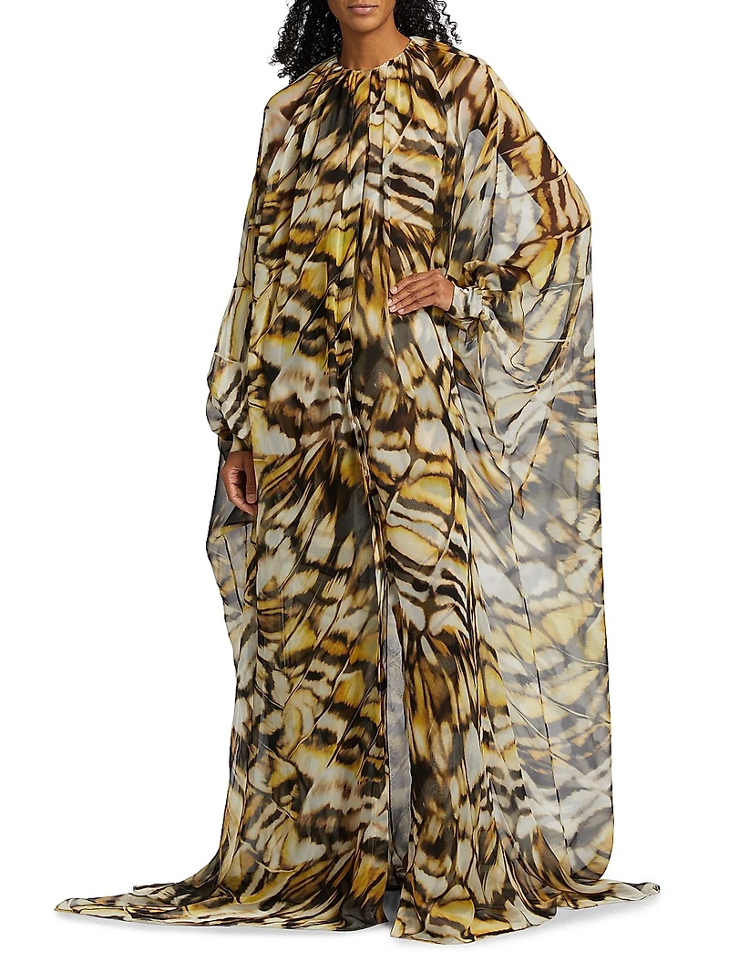 Abstract Butterfly Silk Chiffon Caftan Gown