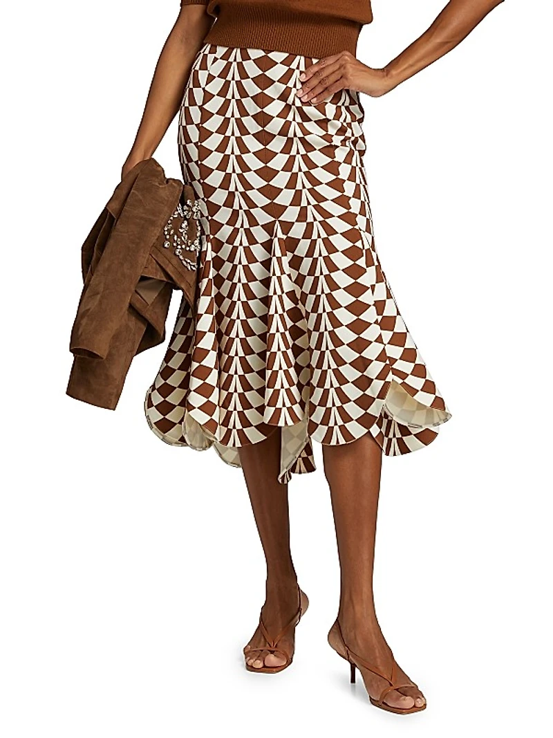 Geo Double-Face Wool Flounce Midi-Skirt