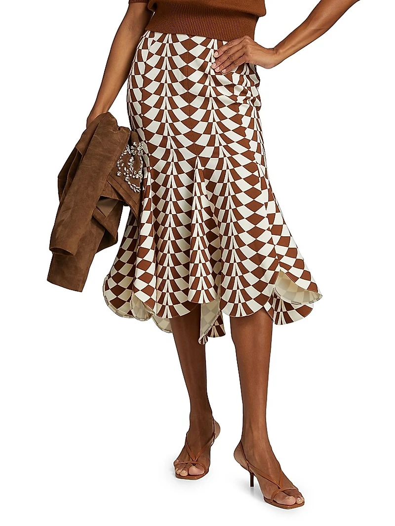 Geo Double-Face Wool Flounce Midi-Skirt
