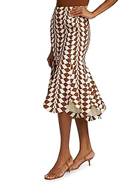 Geo Double-Face Wool Flounce Midi-Skirt