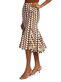 Geo Double-Face Wool Flounce Midi-Skirt