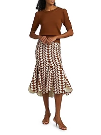 Geo Double-Face Wool Flounce Midi-Skirt