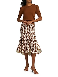 Geo Double-Face Wool Flounce Midi-Skirt