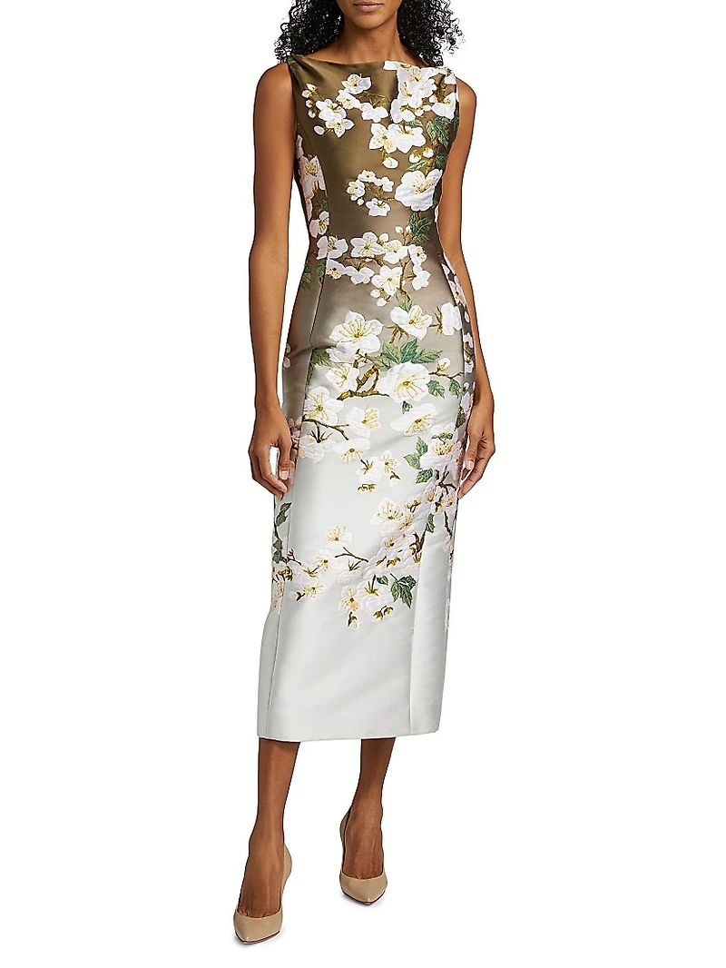 Ombré Cherry Blossom Jacquard Midi-Dress