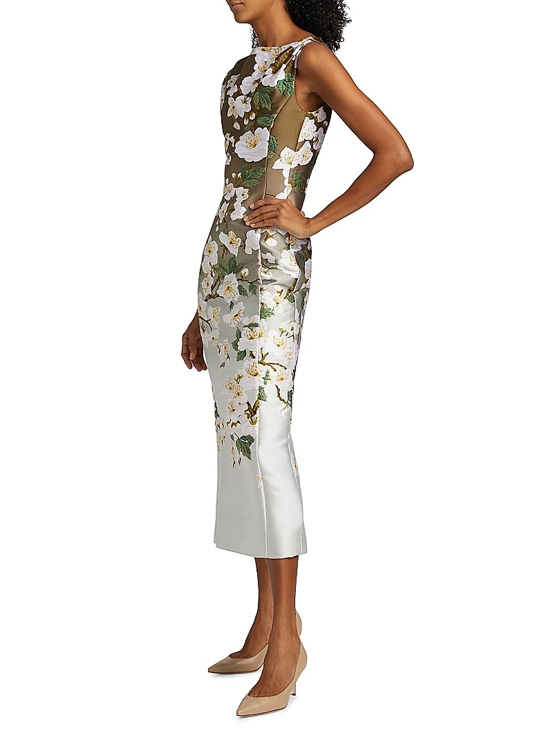Ombré Cherry Blossom Jacquard Midi-Dress