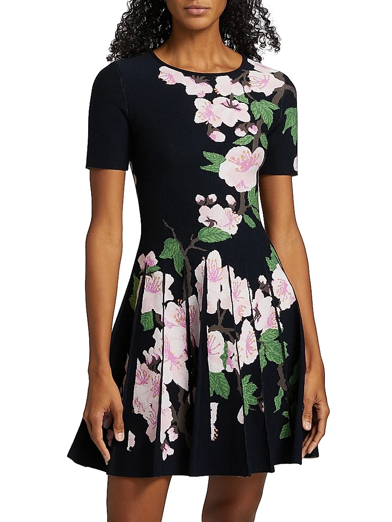 Cherry Blossom Pleated Jacquard Dress
