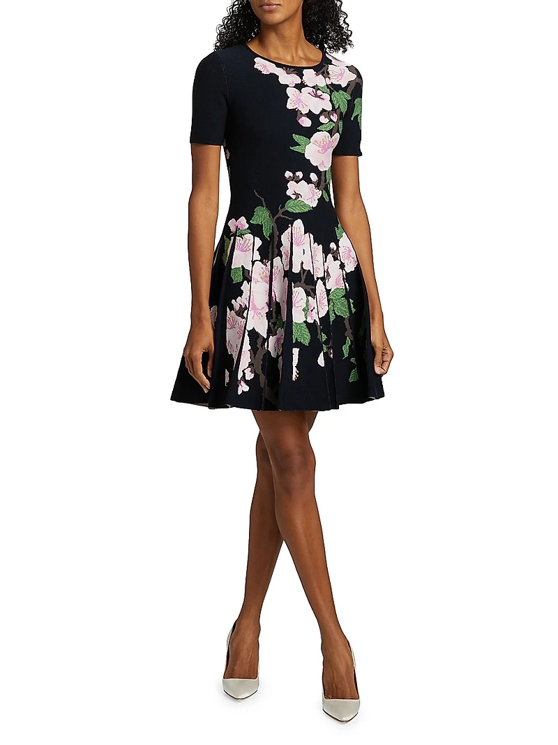 Cherry Blossom Pleated Jacquard Dress
