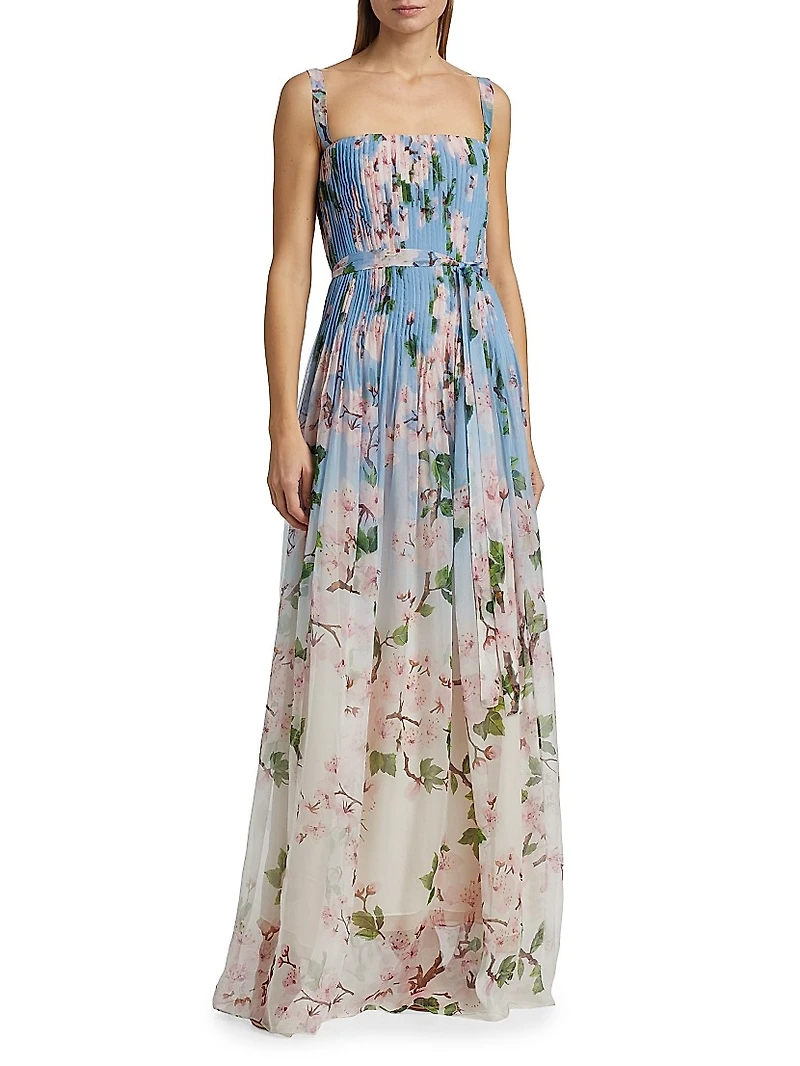 Ombré Cherry Blossom Pleated Chiffon Gown