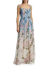 Ombré Cherry Blossom Pleated Chiffon Gown