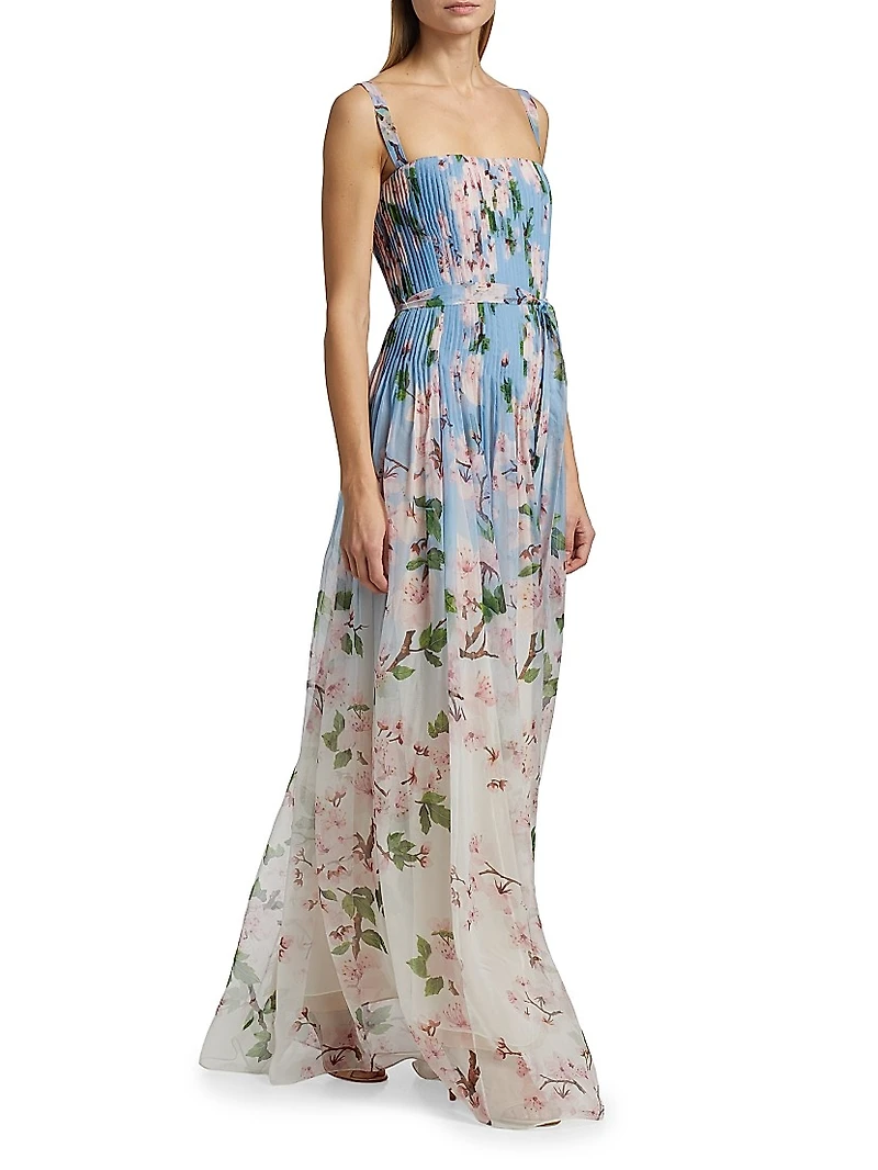 Ombré Cherry Blossom Pleated Chiffon Gown