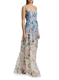 Ombré Cherry Blossom Pleated Chiffon Gown