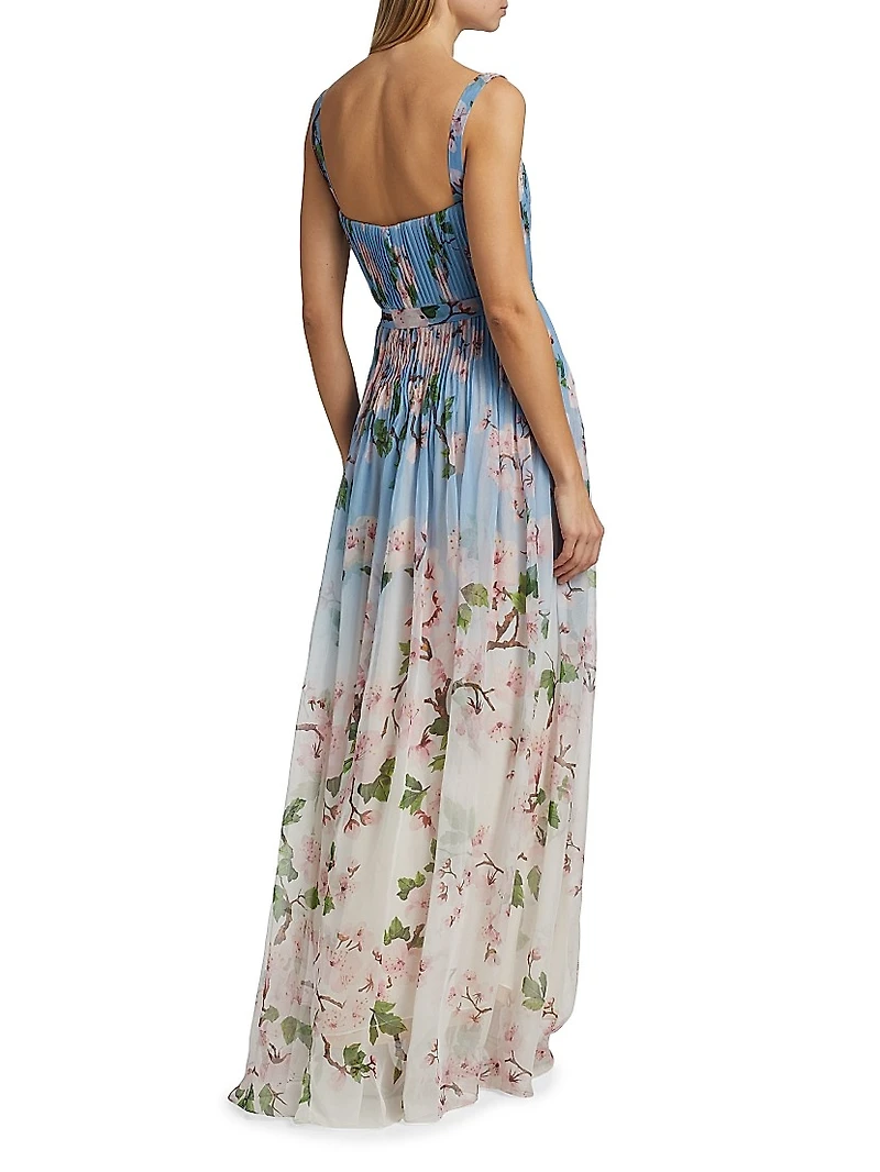 Ombré Cherry Blossom Pleated Chiffon Gown