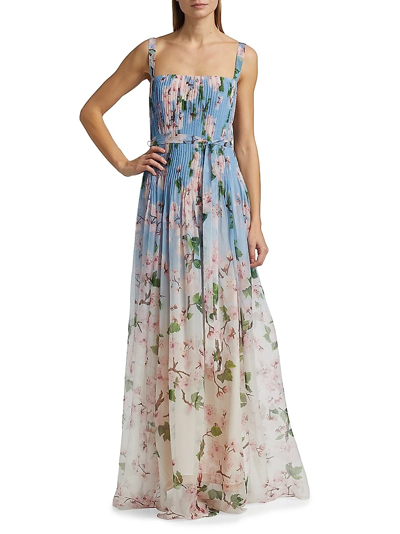 Ombré Cherry Blossom Pleated Chiffon Gown