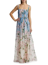 Ombré Cherry Blossom Pleated Chiffon Gown