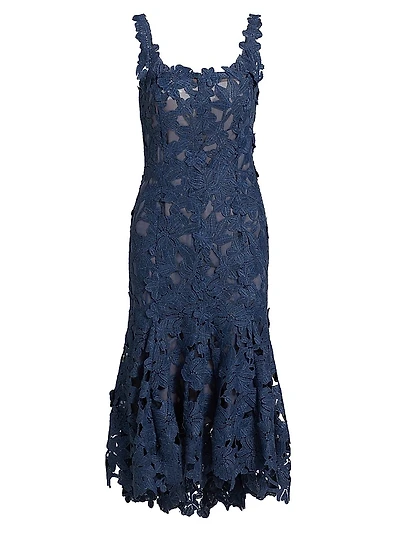 Floral Guipure-Lace Scoopneck Midi-Dress