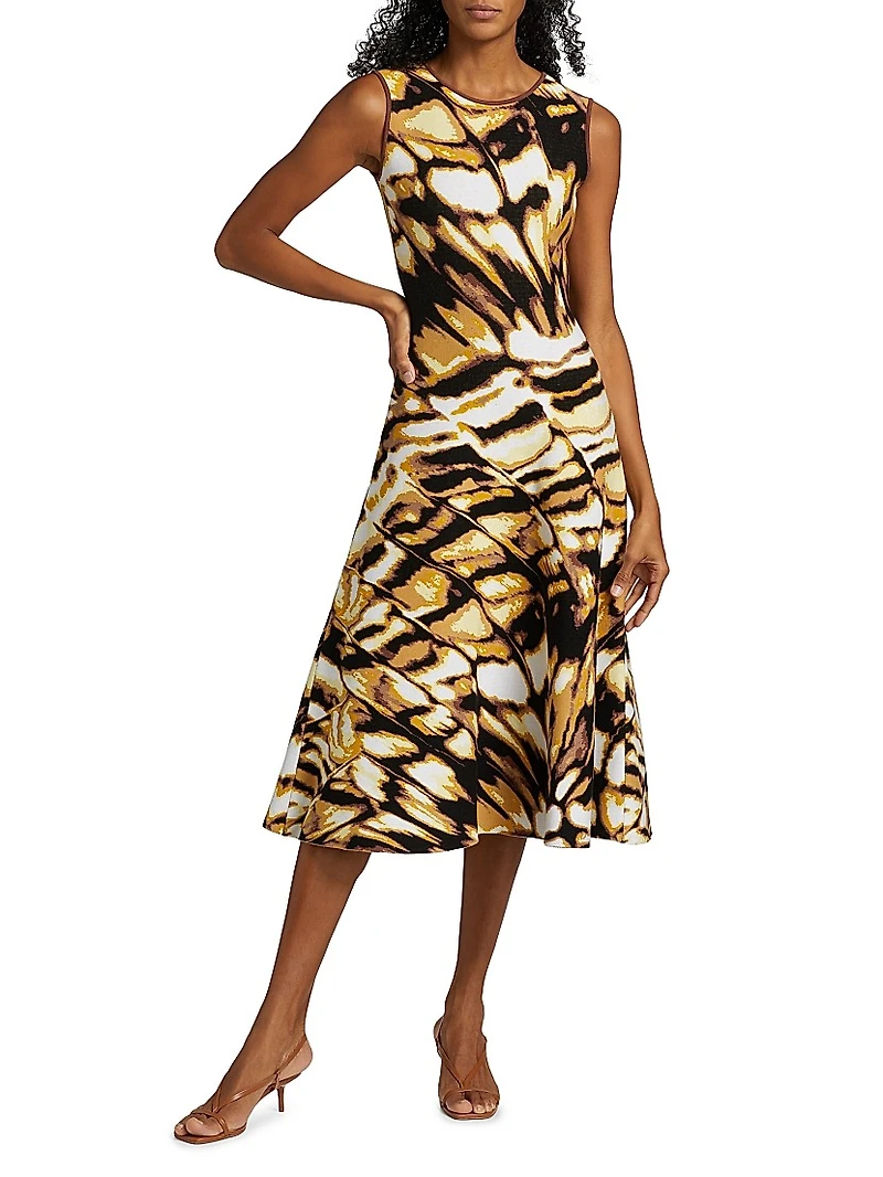 Butterfly Jacquard-Knit Crewneck Midi-Dress