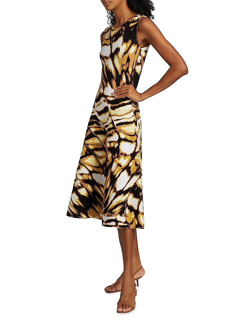 Butterfly Jacquard-Knit Crewneck Midi-Dress