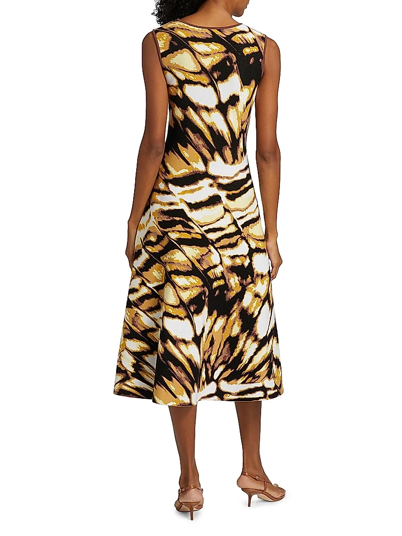 Butterfly Jacquard-Knit Crewneck Midi-Dress