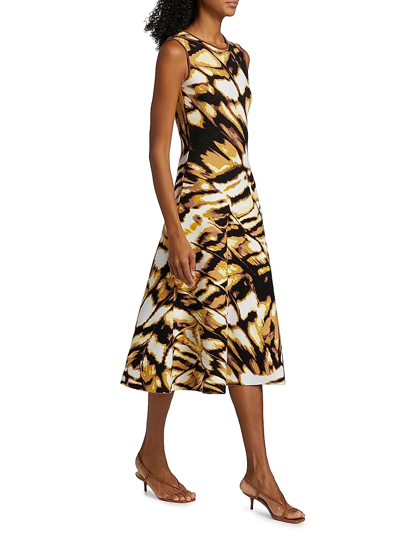 Butterfly Jacquard-Knit Crewneck Midi-Dress