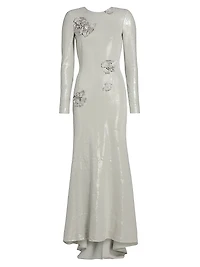 Embellished Sequin Cherry Blossom Trumpet-Hem Gown