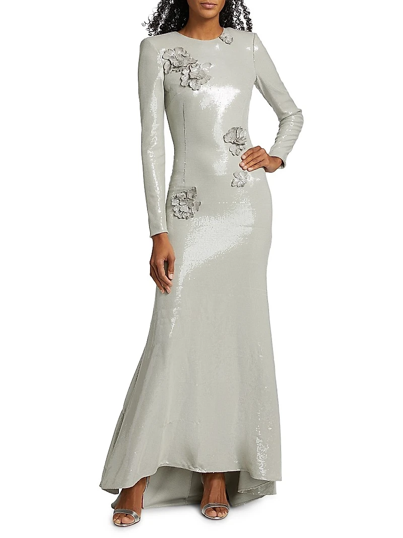 Embellished Sequin Cherry Blossom Trumpet-Hem Gown