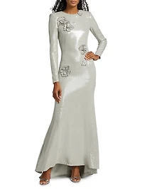 Embellished Sequin Cherry Blossom Trumpet-Hem Gown