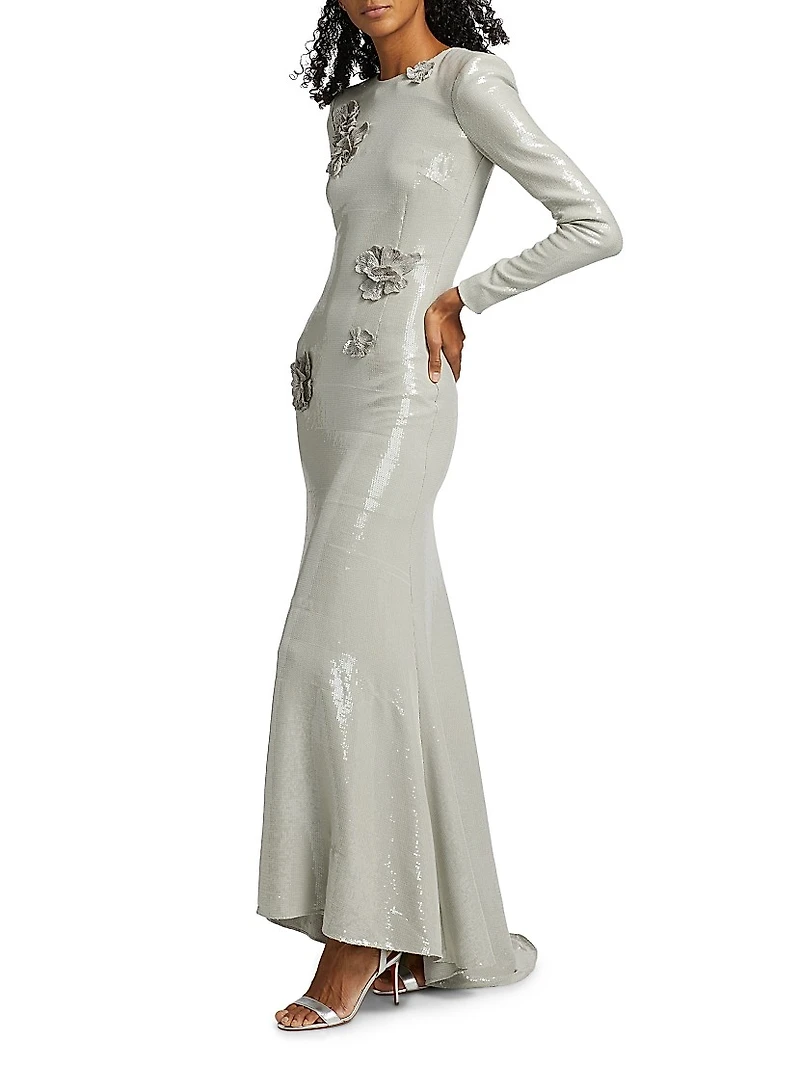 Embellished Sequin Cherry Blossom Trumpet-Hem Gown