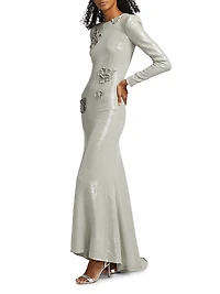 Embellished Sequin Cherry Blossom Trumpet-Hem Gown