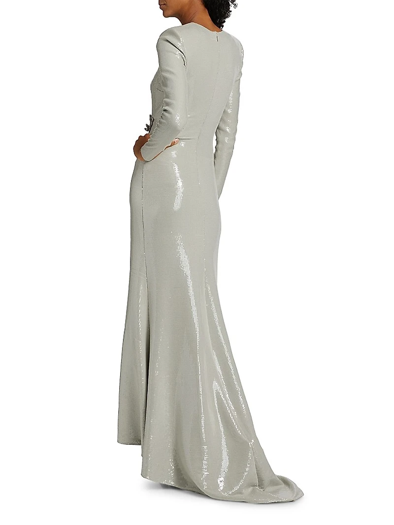 Embellished Sequin Cherry Blossom Trumpet-Hem Gown