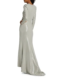 Embellished Sequin Cherry Blossom Trumpet-Hem Gown