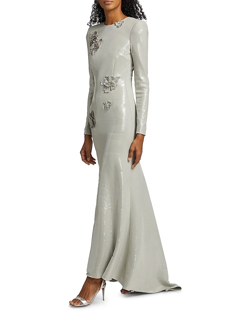 Embellished Sequin Cherry Blossom Trumpet-Hem Gown