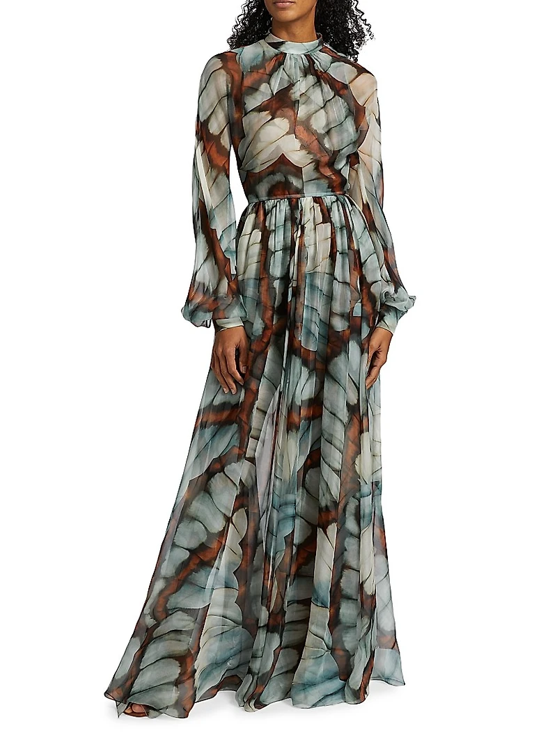 Butterfly Chiffon Long-Sleeve Gown