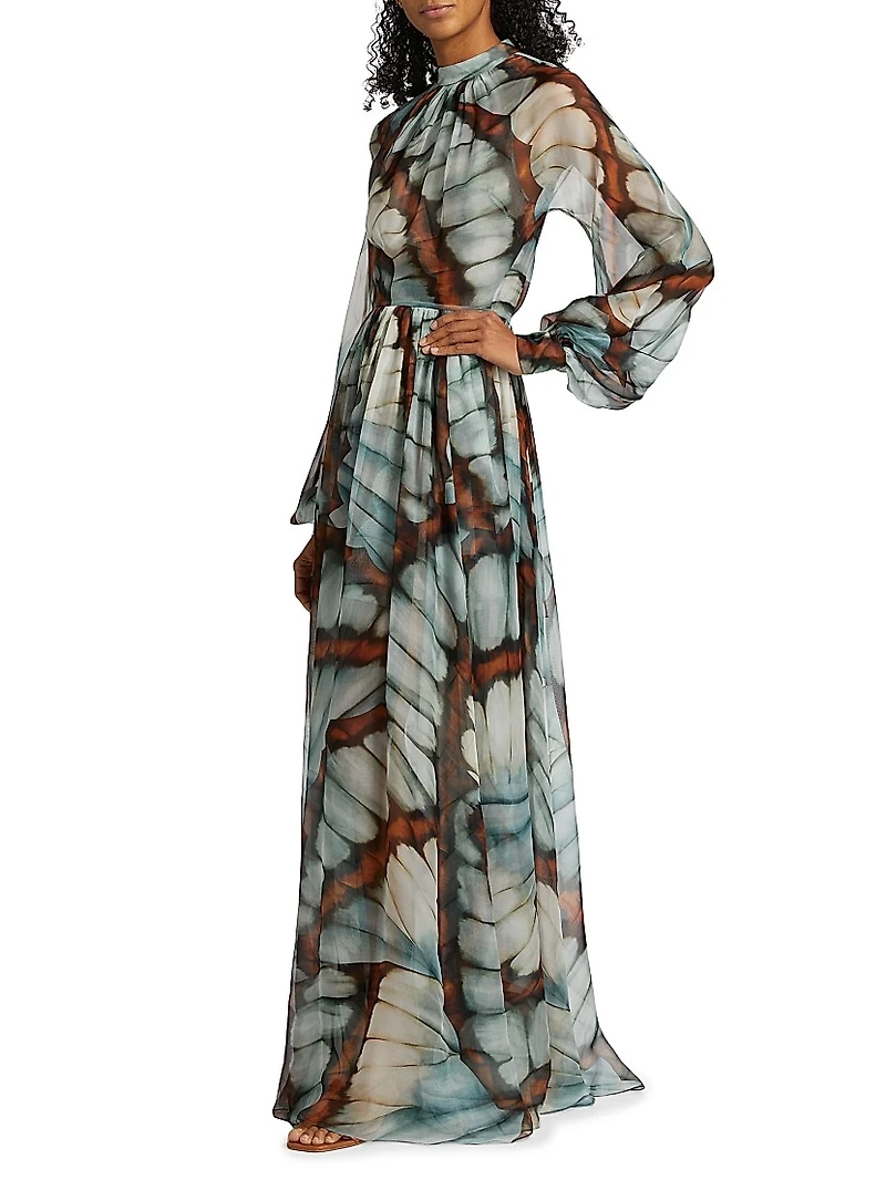 Butterfly Chiffon Long-Sleeve Gown