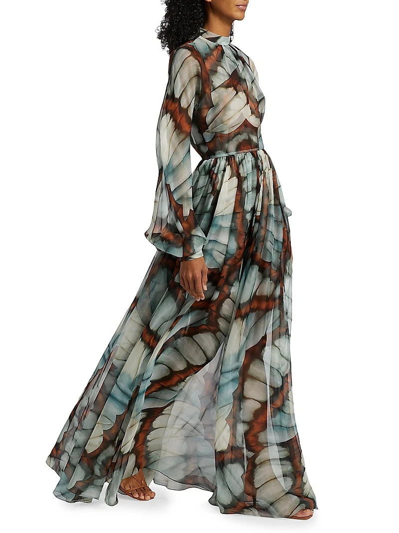 Butterfly Chiffon Long-Sleeve Gown