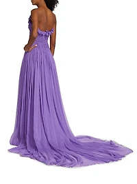 Pleated Crinkle Chiffon Strapless Gown