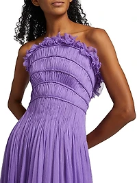 Pleated Crinkle Chiffon Strapless Gown
