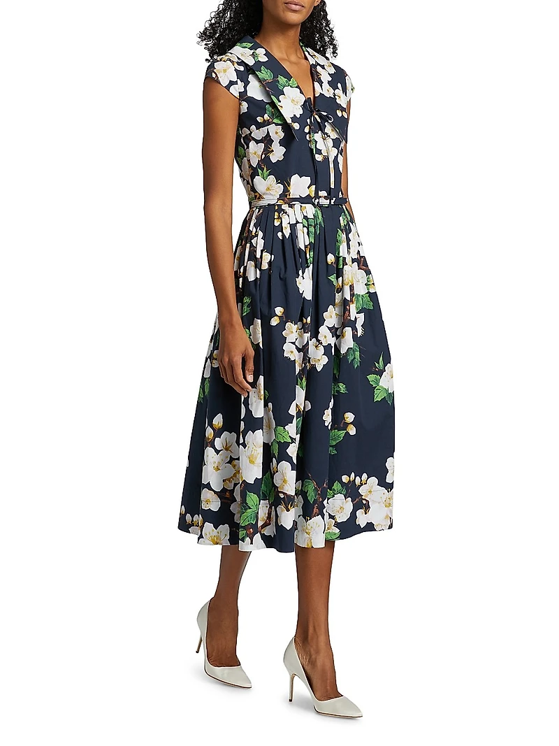 Cherry Blossom Cotton Poplin Pleated Dress